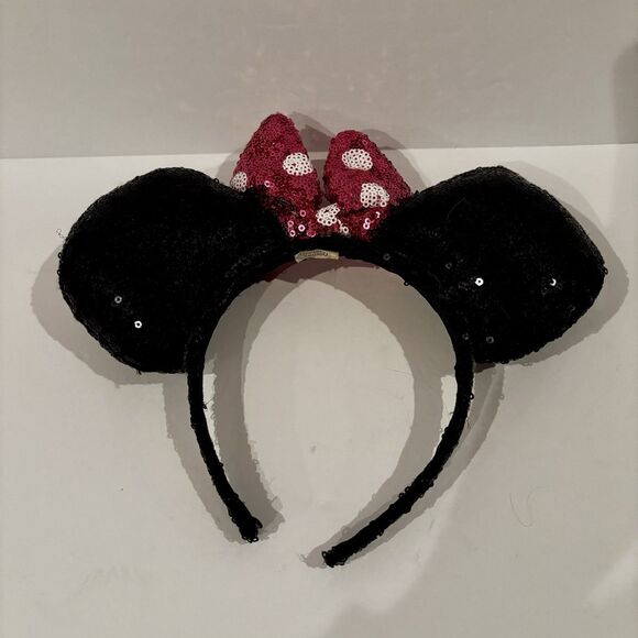 Disney Minnie Mouse Ears Sequin Headband Pink Polka Dot Bow - Picture 2 of 3